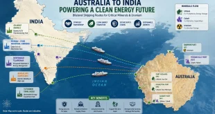 A conceptual map highlighting bilateral shipping lines between Australian resource ports and Indian clean energy manufacturing hubs, displaying the flow of lithium, cobalt, and uranium.