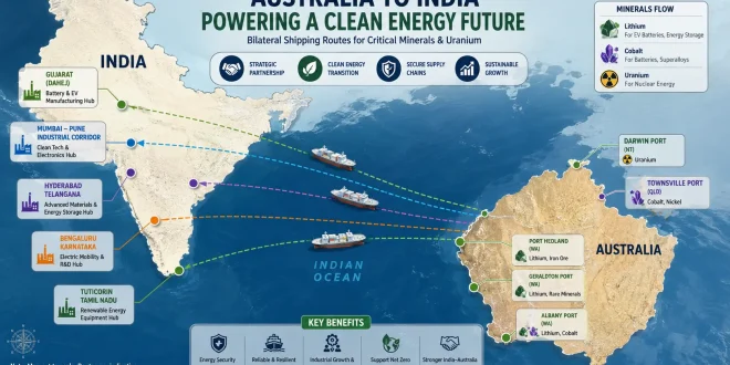 A conceptual map highlighting bilateral shipping lines between Australian resource ports and Indian clean energy manufacturing hubs, displaying the flow of lithium, cobalt, and uranium.
