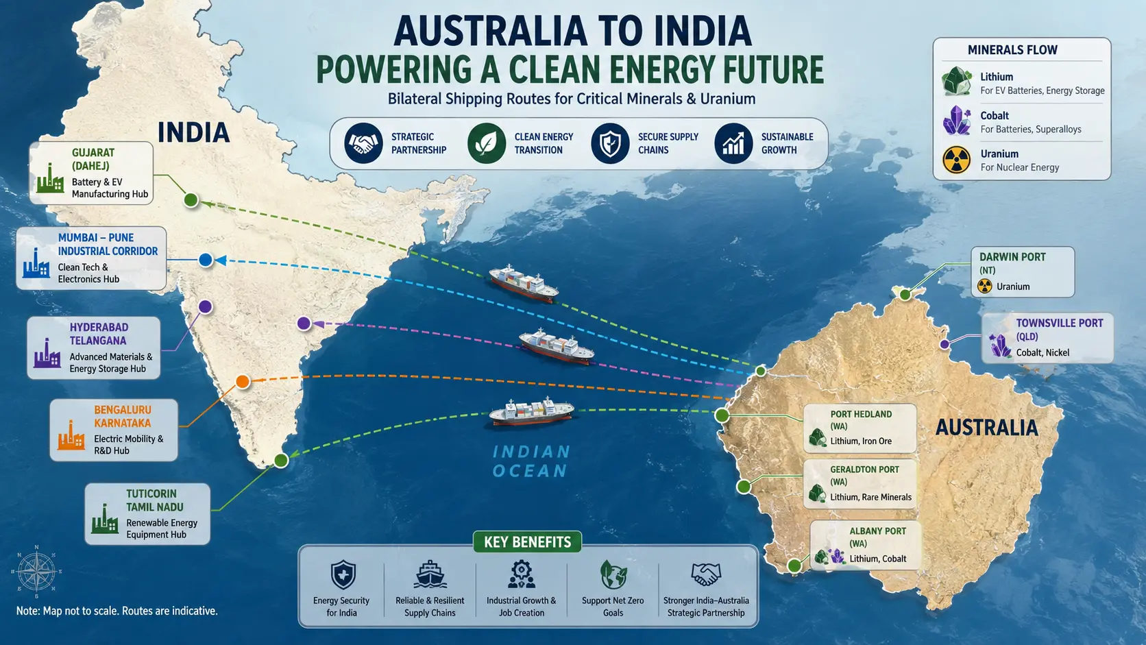 A conceptual map highlighting bilateral shipping lines between Australian resource ports and Indian clean energy manufacturing hubs, displaying the flow of lithium, cobalt, and uranium.