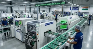 Automated Surface Mount Technology (SMT) line assembling multi-layer printed circuit boards inside a modern high-tech Indian EMS manufacturing facility.