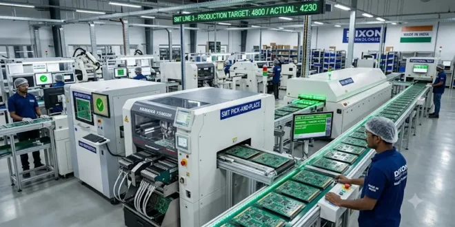 Automated Surface Mount Technology (SMT) line assembling multi-layer printed circuit boards inside a modern high-tech Indian EMS manufacturing facility.
