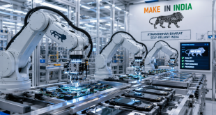Automated robotic arms assembling electronic circuit boards and smartphones inside a high-tech cleanroom facility under the Make in India initiative
