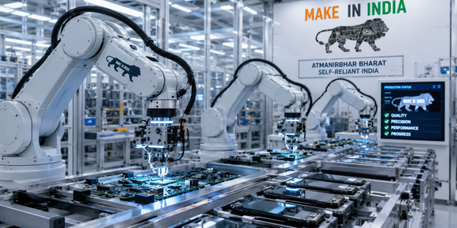 Automated robotic arms assembling electronic circuit boards and smartphones inside a high-tech cleanroom facility under the Make in India initiative