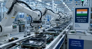 Automated smartphone assembly line within an Indian contract manufacturing facility showing precision robotic arms.