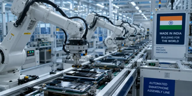 Automated smartphone assembly line within an Indian contract manufacturing facility showing precision robotic arms.