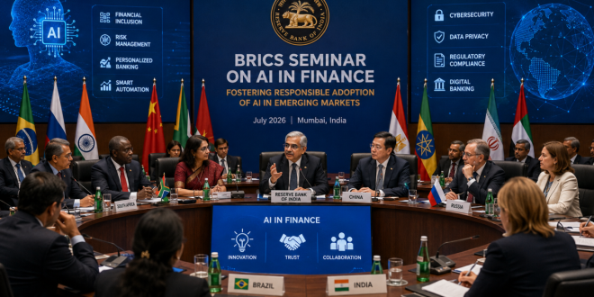 Reserve Bank of India officials and BRICS delegates discussing artificial intelligence, fintech innovation, cybersecurity, and the future of digital banking during the BRICS AI in Finance seminar.