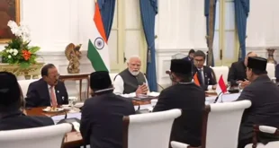 PM Narendra Modi and Indonesian President Prabowo Subianto shaking hands during bilateral talks in a decorated state room.