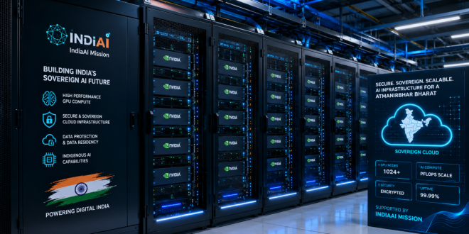 High-performance GPU server infrastructure cluster running under the IndiaAI Mission to power secure sovereign cloud data processing.