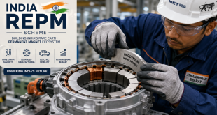 Close-up of a factory worker assembling an electric vehicle motor utilizing a neodymium rare earth permanent magnet under the India REPM scheme.