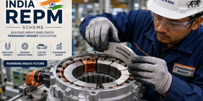Close-up of a factory worker assembling an electric vehicle motor utilizing a neodymium rare earth permanent magnet under the India REPM scheme.