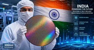 High-tech cleanroom technician holding a 300mm silicon wafer in front of an Indian flag-themed futuristic technology background.