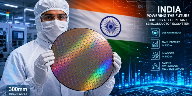 High-tech cleanroom technician holding a 300mm silicon wafer in front of an Indian flag-themed futuristic technology background.