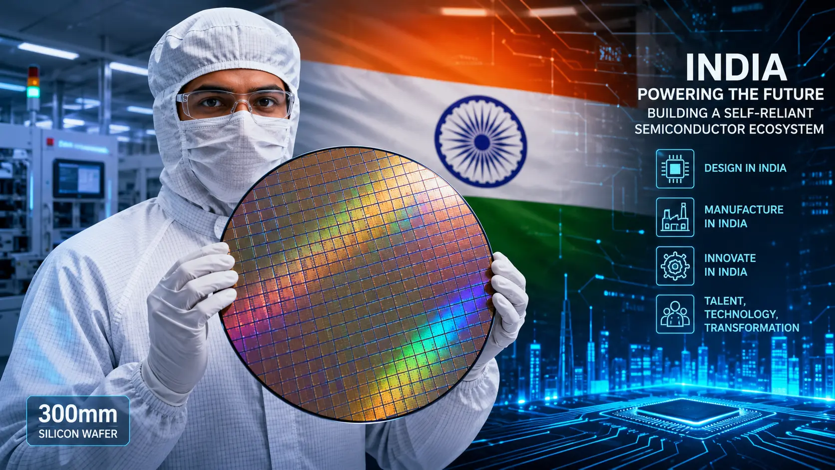 High-tech cleanroom technician holding a 300mm silicon wafer in front of an Indian flag-themed futuristic technology background.