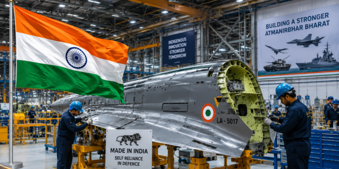 Indian flag fluttering next to an indigenously manufactured military fighter aircraft component inside a modern state-of-the-art defense industrial factory.