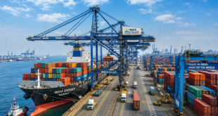A bustling modern Indian shipping port with large container ships, automated cranes loading cargo, and a clear blue sky, symbolizing India's expanding global export and logistics network.
