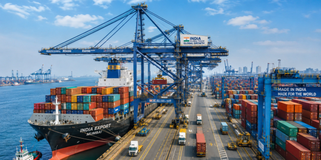 A bustling modern Indian shipping port with large container ships, automated cranes loading cargo, and a clear blue sky, symbolizing India's expanding global export and logistics network.