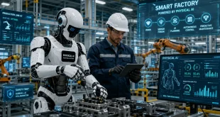 Industrial humanoid robot operating alongside a human worker inside an automated smart factory powered by Physical AI.