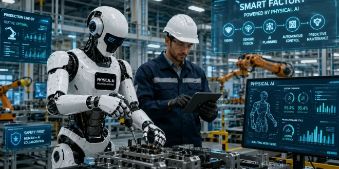 Industrial humanoid robot operating alongside a human worker inside an automated smart factory powered by Physical AI.
