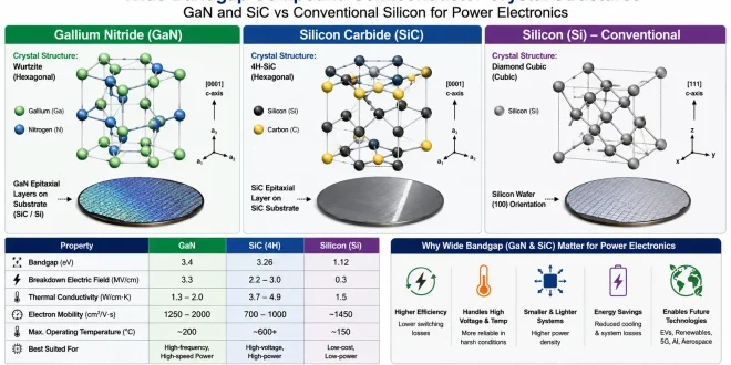 Labeled diagram comparing Wide Bandgap compound semiconductor crystal structures of Gallium Nitride and Silicon Carbide against conventional Silicon wafers for power electronics.