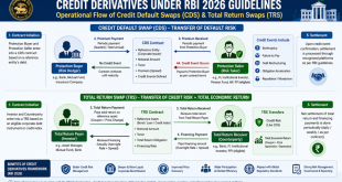 Infographic explaining the operational flow of Credit Default Swaps (CDS) and Total Return Swaps (TRS) under India's RBI 2026 guidelines.