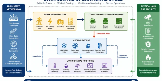 A functional flowchart block diagram showing the operational cycle of a data centre.