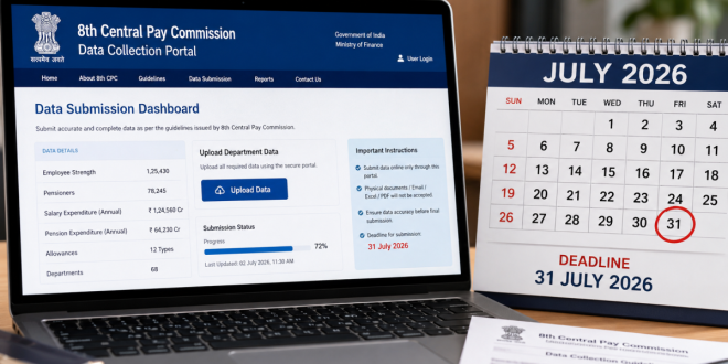 A close-up of a digital laptop screen displaying a government data collection portal next to an official calendar marking the July 31, 2026 deadline.