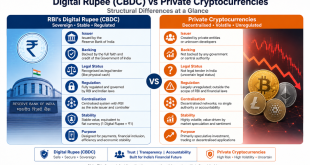 Labeled diagram illustrating the structural differences between RBI's sovereign Digital Rupee (CBDC) and volatile private cryptocurrencies.