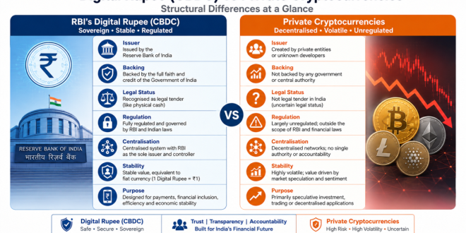 Labeled diagram illustrating the structural differences between RBI's sovereign Digital Rupee (CBDC) and volatile private cryptocurrencies.