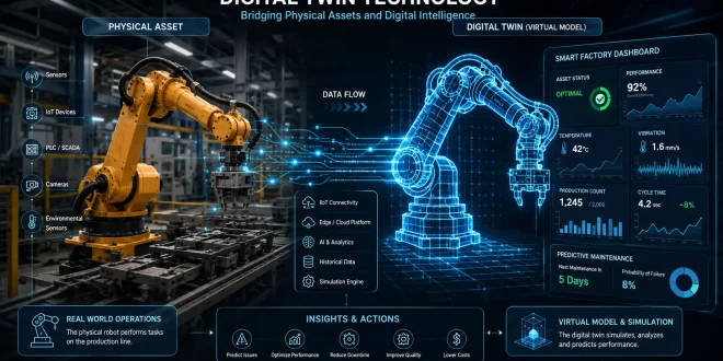 Digital Twin diagram showing a physical industrial robot arm connected via digital data streams to a futuristic glowing virtual 3D replica on a smart factory dashboard.