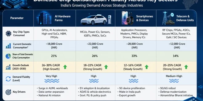 A table displaying domestic chip consumption fluidity across four key sectors: AI Hardware Farms, Automotive Systems & EVs, Smartphones & Devices, and Telecom & Defense Units.