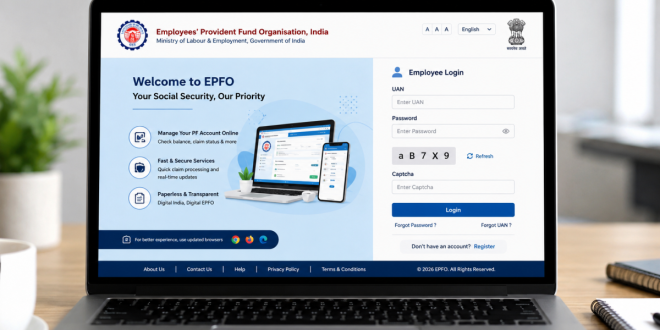 Modern laptop screen displaying the official EPFO digital portal login page for employee services.