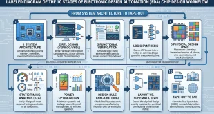 Labeled diagram illustrating the 10 stages of Electronic Design Automation (EDA) chip design workflow, from system architecture to tape-out.