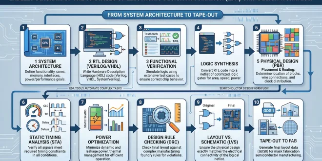 Labeled diagram illustrating the 10 stages of Electronic Design Automation (EDA) chip design workflow, from system architecture to tape-out.