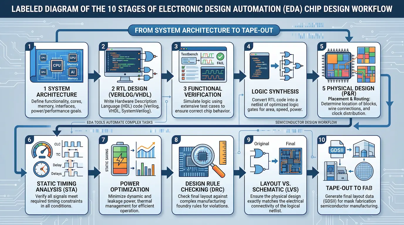 Labeled diagram illustrating the 10 stages of Electronic Design Automation (EDA) chip design workflow, from system architecture to tape-out.