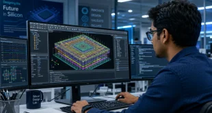 An engineer reviewing a complex 3D integrated circuit design layout on a high-resolution workstation monitor in a chip design lab.