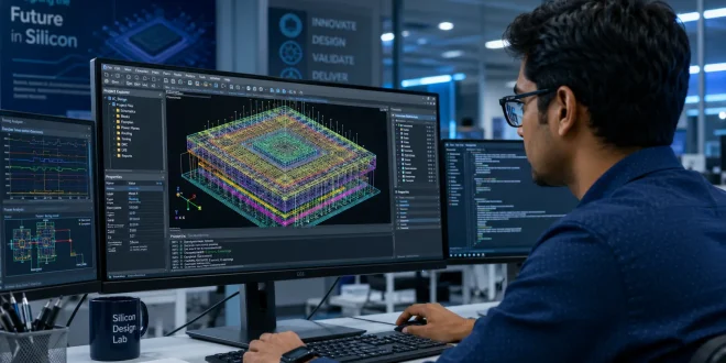 An engineer reviewing a complex 3D integrated circuit design layout on a high-resolution workstation monitor in a chip design lab.