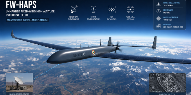 Unmanned Fixed-Wing High Altitude Pseudo Satellite (FW-HAPS) flying in the stratosphere for military surveillance.