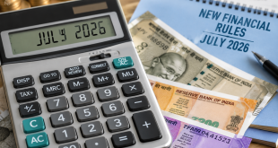 A close-up of a digital calculator on top of Indian Rupee banknotes, illustrating new financial rules in India for July 2026.