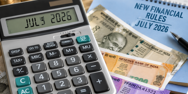 A close-up of a digital calculator on top of Indian Rupee banknotes, illustrating new financial rules in India for July 2026.