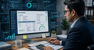 A professional accountant reviewing digital GST invoices on a modern computer screen with AI data analytics graphs overlaid.