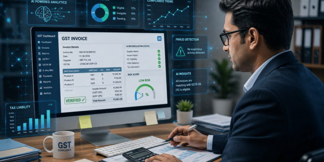A professional accountant reviewing digital GST invoices on a modern computer screen with AI data analytics graphs overlaid.