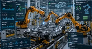 A sleek, modern smart factory floor showing automated robotic arms assembling an electric vehicle chassis with overlay digital data graphics illustrating real-time machine analytics.