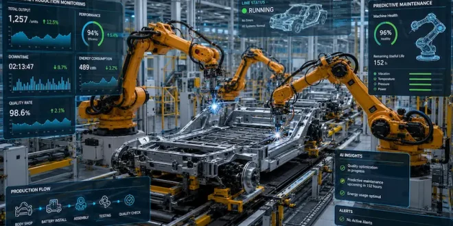 A sleek, modern smart factory floor showing automated robotic arms assembling an electric vehicle chassis with overlay digital data graphics illustrating real-time machine analytics.