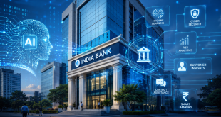 A modern Indian bank building with a digital overlay representing artificial intelligence data streams.