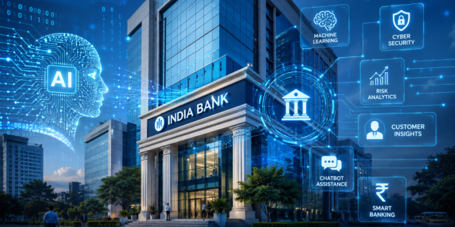 A modern Indian bank building with a digital overlay representing artificial intelligence data streams.