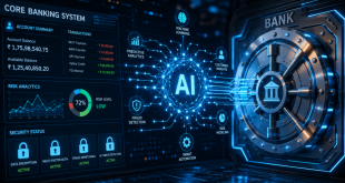 A close-up of a glowing digital display showing financial data, security padlocks, and artificial intelligence neural networks connecting to a stylized bank vault, symbolizing the digital transformation of core banking infrastructure.