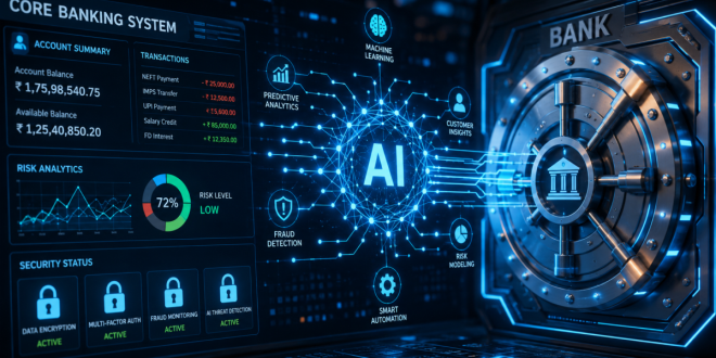 A close-up of a glowing digital display showing financial data, security padlocks, and artificial intelligence neural networks connecting to a stylized bank vault, symbolizing the digital transformation of core banking infrastructure.