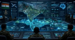 A futuristic military command center showing digital maps with holographic AI data overlays, tracking simulated troop movements and real-time battlefield intelligence for Indian military strategy.