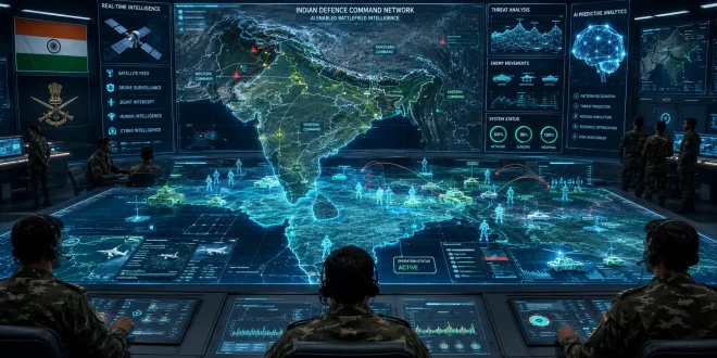 A futuristic military command center showing digital maps with holographic AI data overlays, tracking simulated troop movements and real-time battlefield intelligence for Indian military strategy.
