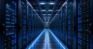 A high-tech, modern hyperscale data centre corridor featuring rows of server racks illuminated by blue and green LED status lights, highlighting the massive physical infrastructure driving modern AI computation